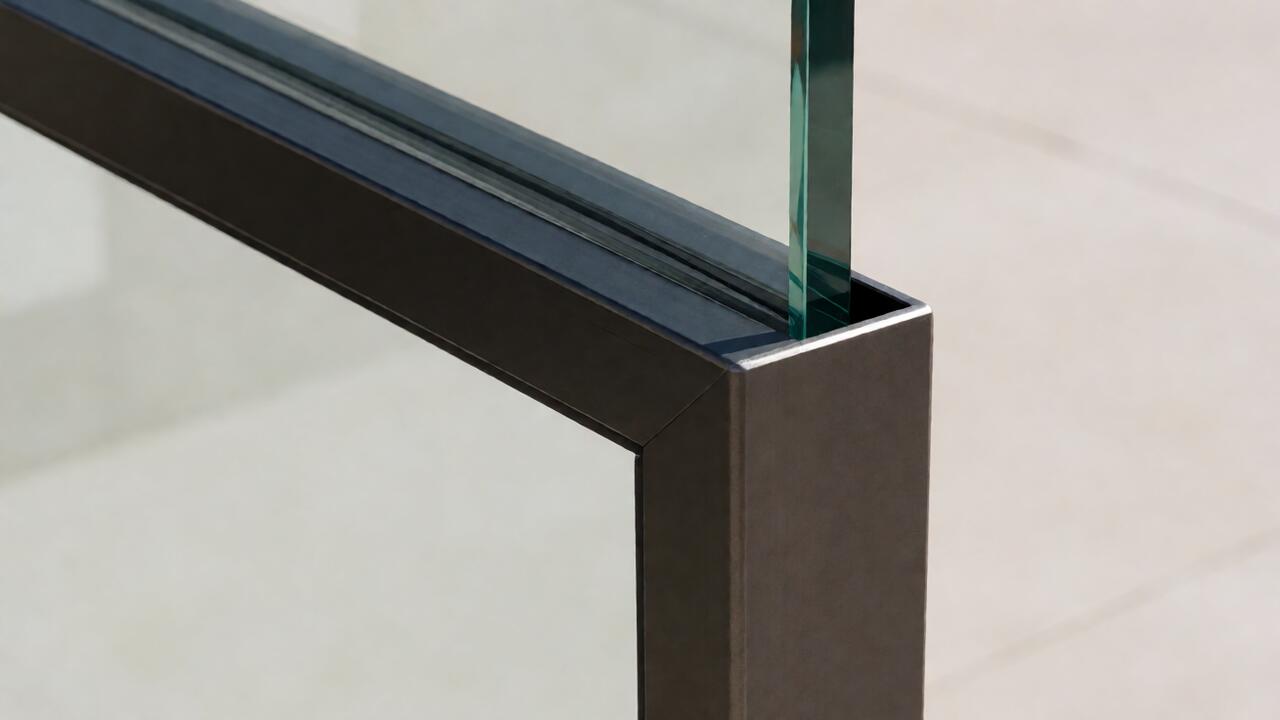 Detail kaca tempered 10mm dengan mounting hollow galvanis
