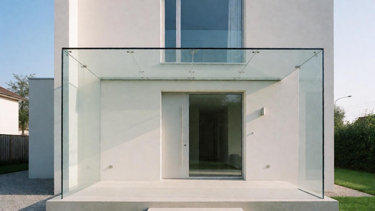 Kanopi kaca frameless slab di atas teras rumah minimalis kontemporer