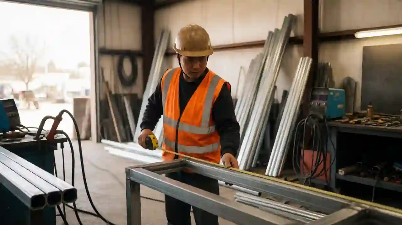 Tukang sedang mengukur hollow galvanis di workshop fabrikasi kanopi dengan alat ukur dan peralatan las