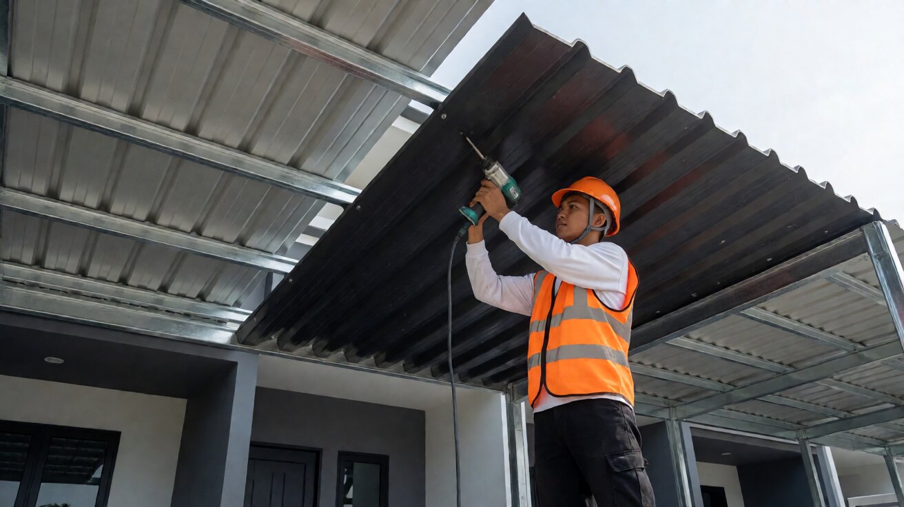 Tukang memasang lembaran atap Alderon pada rangka kanopi carport dengan bor sekrup, menunjukkan proses pemasangan yang benar