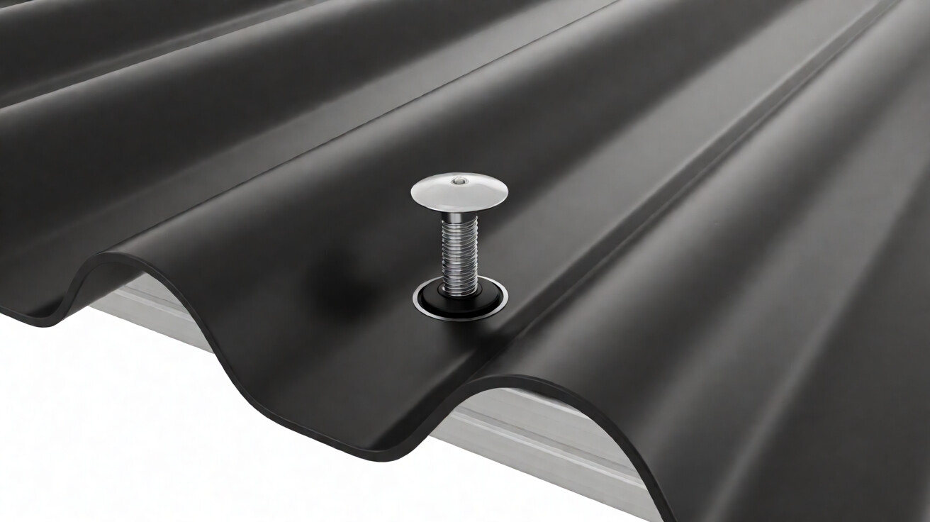 Close-up sekrup Weather Seal berkepala karet pada lembaran atap Alderon, memperlihatkan lubang 3 mm lebih besar dari diameter sekrup untuk ruang pemuaian termal