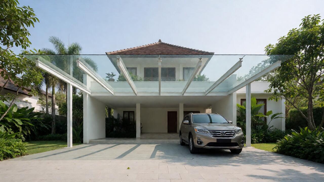 Kanopi kaca laminated melindungi mobil di carport rumah modern