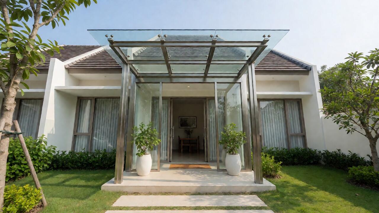 Kanopi kaca tempered untuk rumah modern minimalis dengan rangka stainless