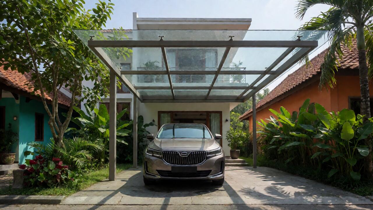 Kanopi kaca laminated di atas carport rumah, melindungi mobil