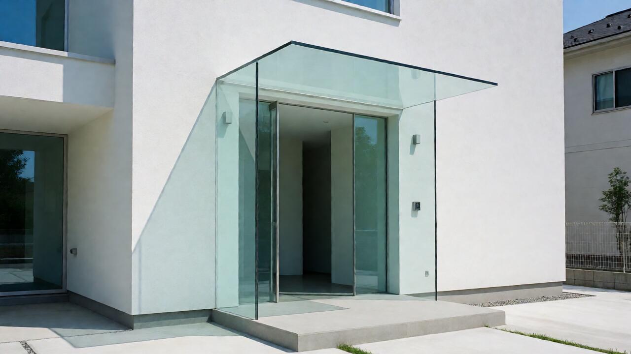 Kanopi kaca frameless di atas pintu masuk rumah modern tanpa frame