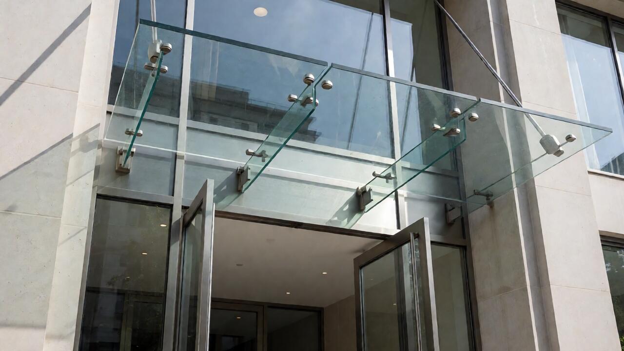 Kanopi kaca dengan spider fitting stainless steel di entrance rumah mewah