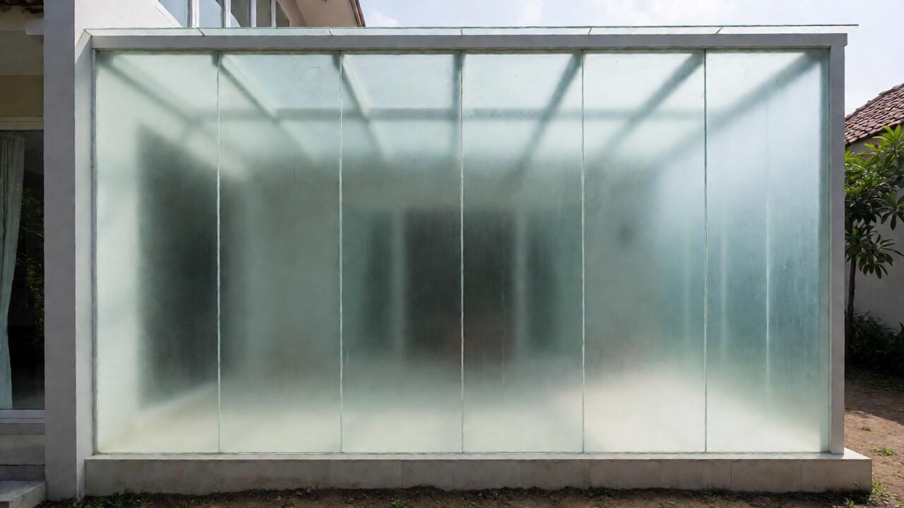 Kanopi kaca sandblast frosted untuk teras rumah modern