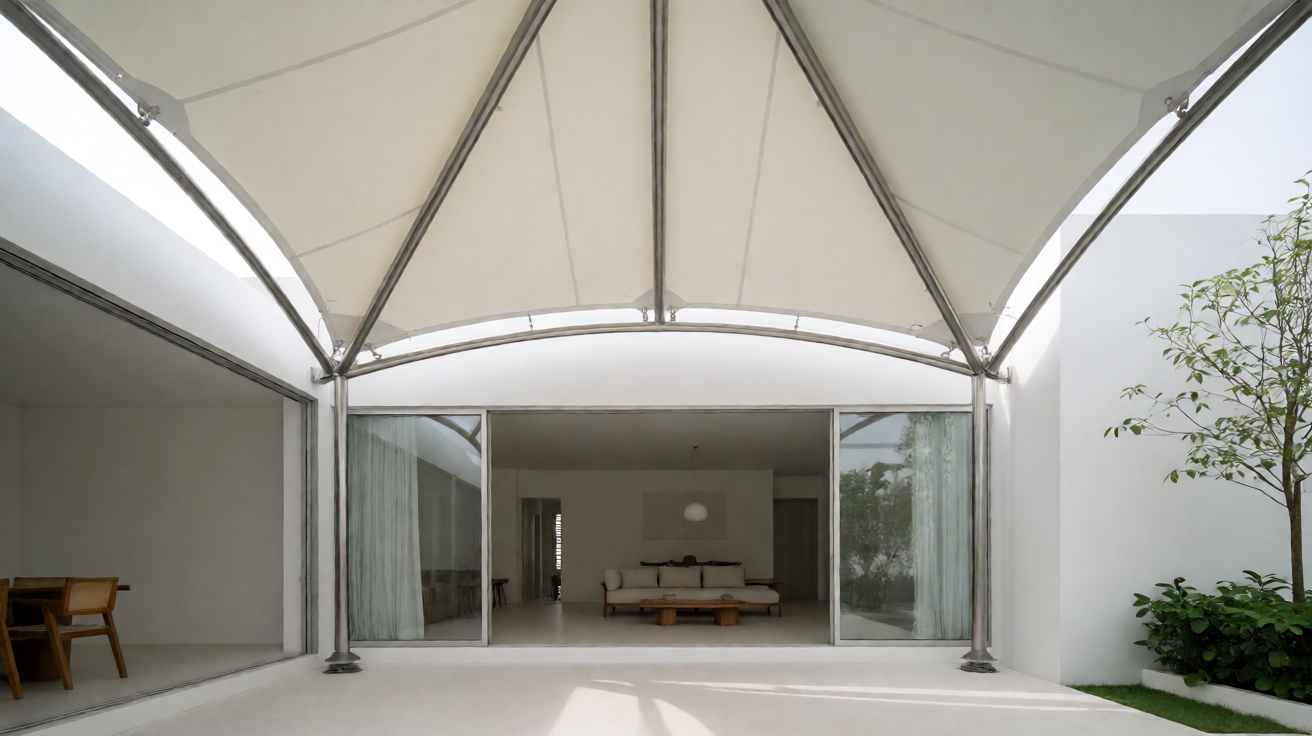 Kanopi membrane carport rumah tinggal modern dengan struktur tensile baja ringan