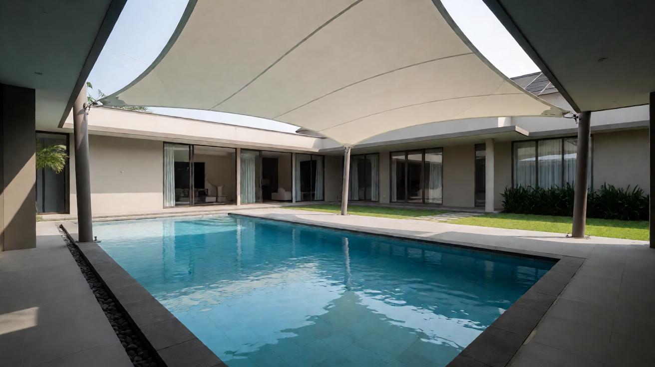 Shelter membrane di atas kolam renang rumah tinggal premium dengan canopy tensile fabric