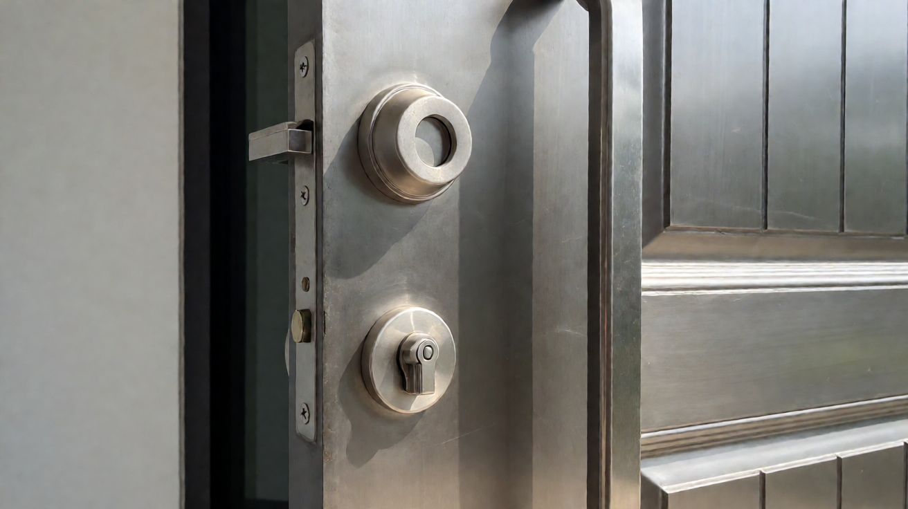 Detail hardware keamanan pintu besi hollow galvanis dengan deadbolt pada rumah tinggal