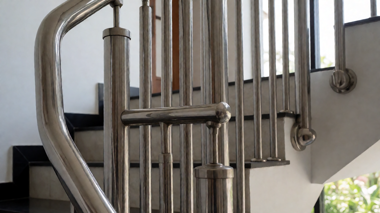 Instalasi railing stainless steel dengan kaca tempered pada tangga rumah modern