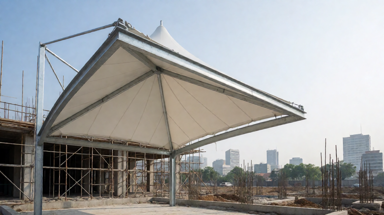 Konstruksi kanopi membrane rumah tinggal dengan struktur baja ringan dan fabric tensile premium