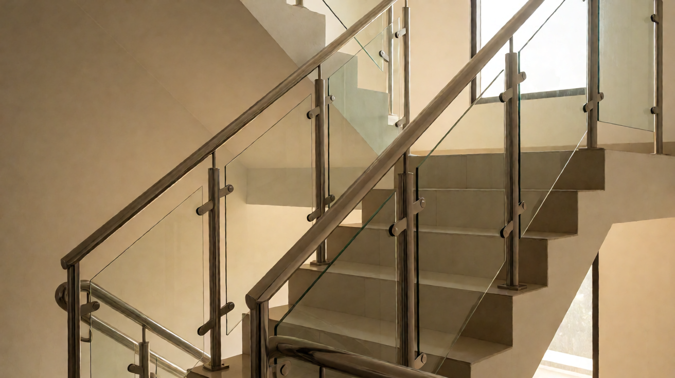 Railing stainless steel modern untuk rumah dan bangunan komersial dengan kaca tempered dan desain minimalis