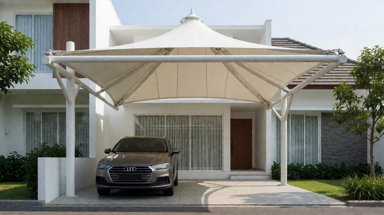 Kanopi membrane rumah tinggal dengan struktur tensile baja ringan dan membrane fabric tahan lama
