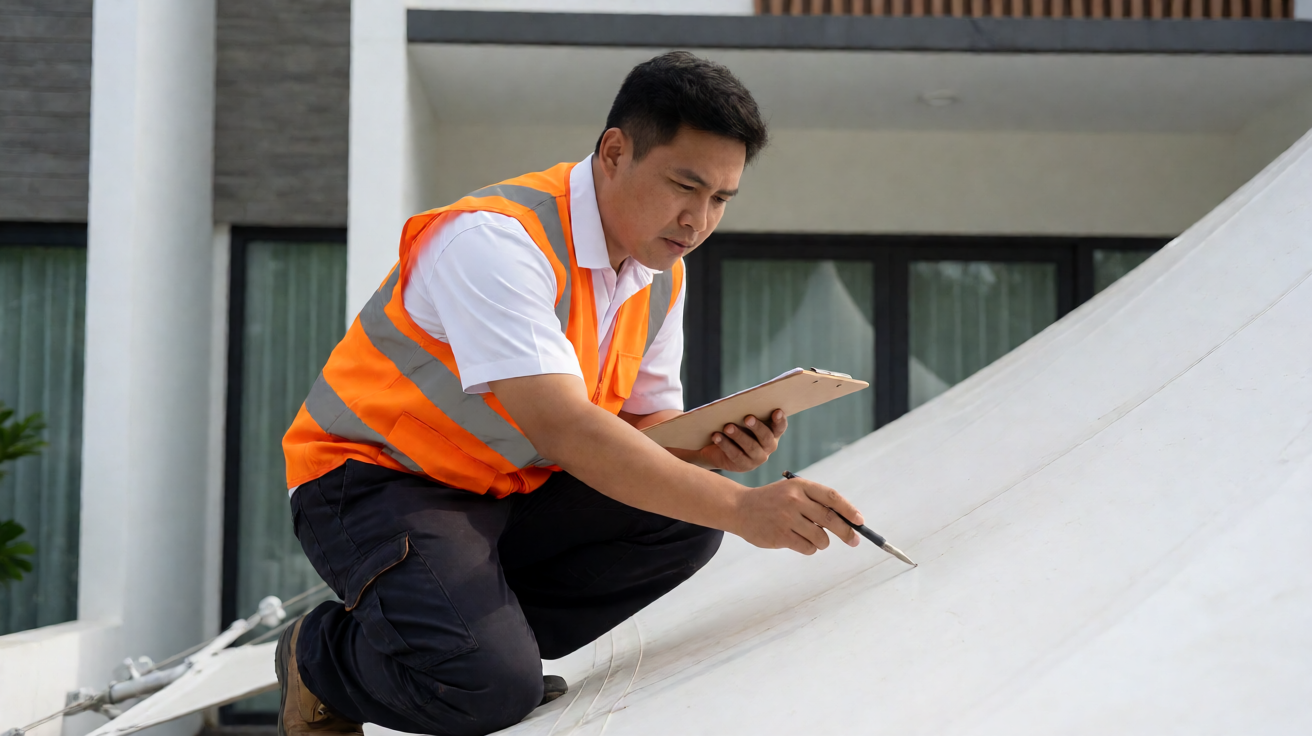 Kontraktor profesional membrane sedang memeriksa instalasi tensile membrane di proyek rumah tinggal premium