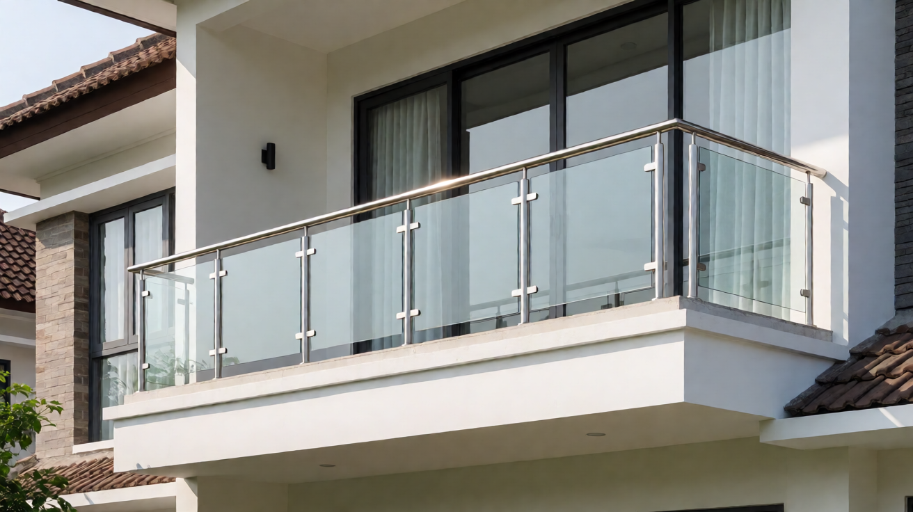 Railing balkon rumah 2 lantai dengan stainless steel 304 dan kaca tempered untuk keamanan keluarga
