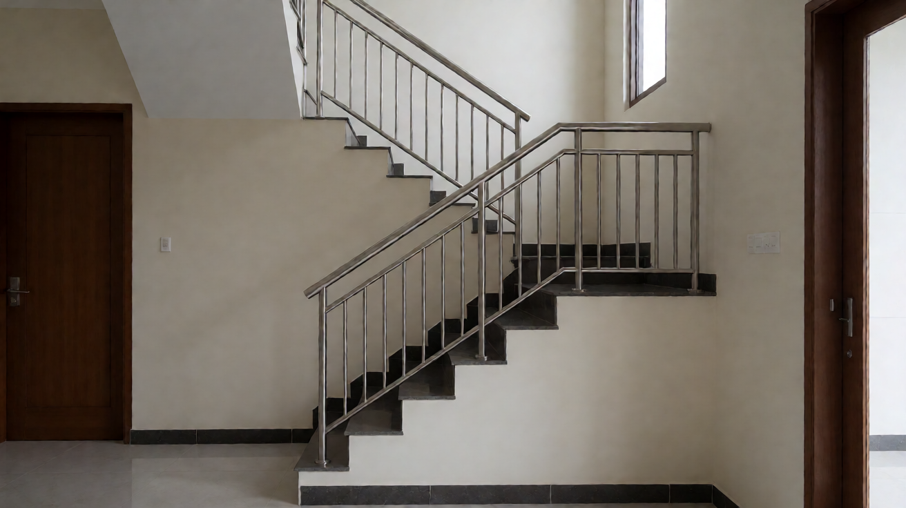 Detail instalasi railing stainless steel di tangga rumah dengan standar pengukuran dan material berkualitas