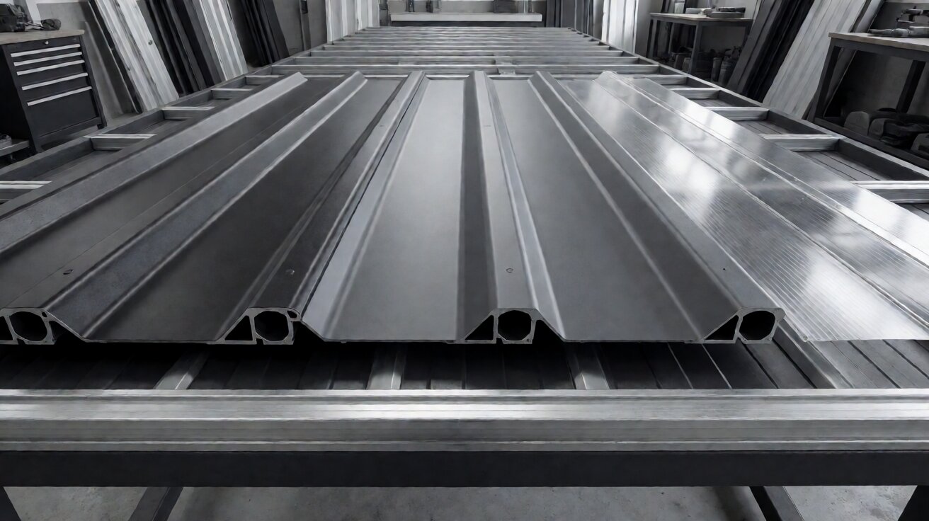 Empat jenis atap Alderon tersusun berdampingan: panel double layer rongga, panel single layer tipis, panel double layer ringan, dan panel transparan di atas reng galvanis