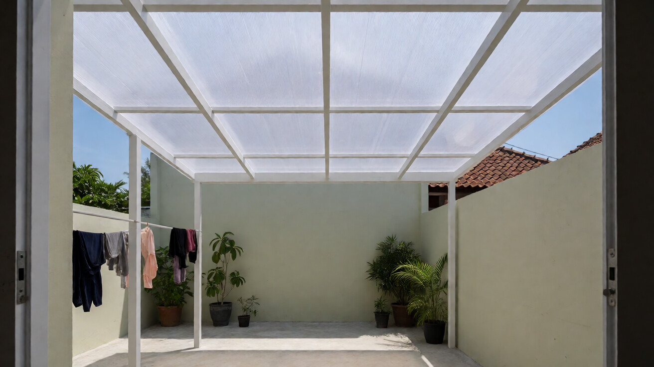 Kanopi belakang rumah dengan rangka besi hollow putih dan atap polycarbonate, area jemur dengan pakaian tergantung, dinding belakang rumah, langit biru - Talentama