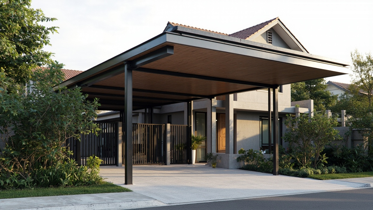 Kanopi carport minimalis dengan rangka baja galvanis dan atap alderon