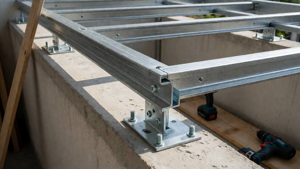 Detail rangka baja ringan saat pemasangan kanopi balkon