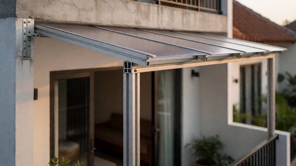 Detail sambungan struktur kanopi balkon lantai dua pada tepi dak beton